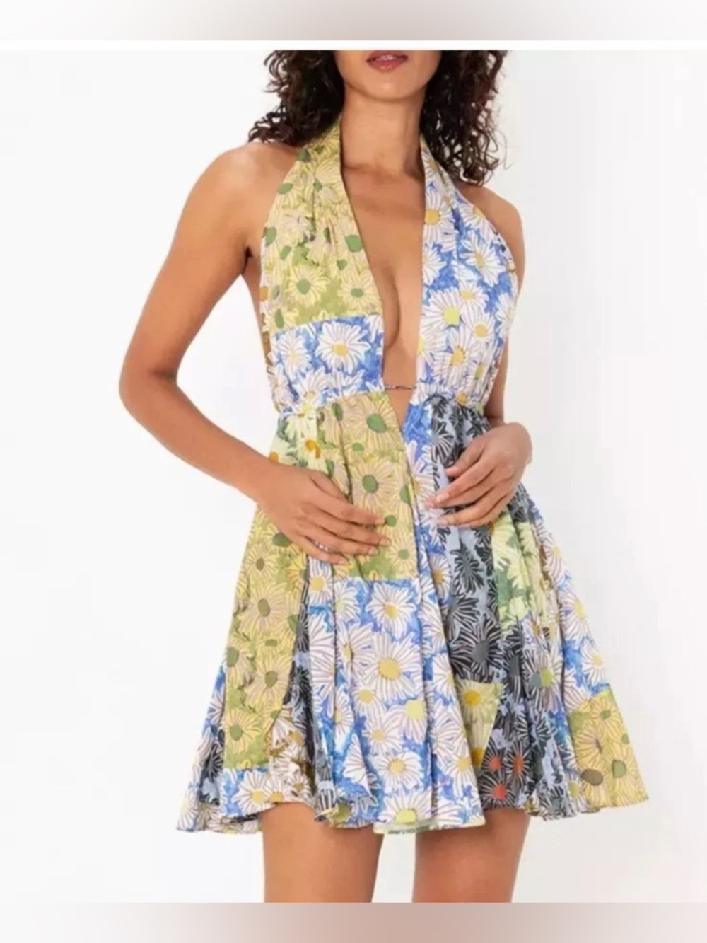 NWT ZARA Patchwork Printed Short Dress Size Medium Halter Neck 100% Cotton